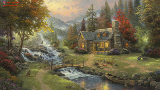 Cabin stream boat bridge painting free wallpaper for desktop - medium preview image