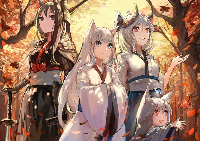 Women trees sword group standing free wallpaper for desktop - medium preview image