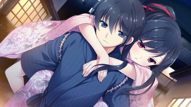 Anime characters hugging room windows free wallpaper for desktop - medium preview image