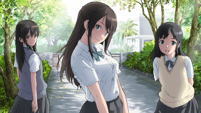 Girls standing sidewalk trees bushes free wallpaper for desktop - medium preview image