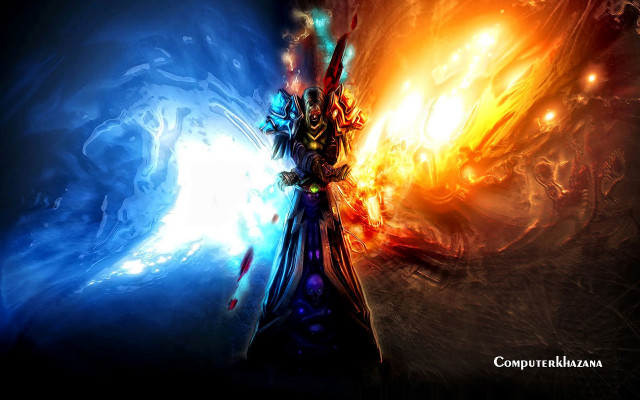 Colorful person sword fire ice free wallpaper for desktop - medium preview image