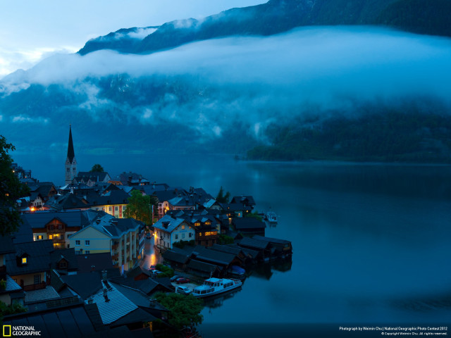 Town mountain lake foggy sky free wallpaper for desktop - medium preview image