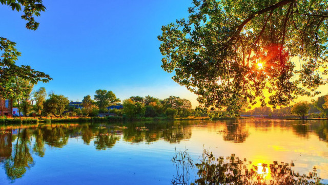 Lake tree building sunset sunshine free wallpaper for desktop - medium preview image