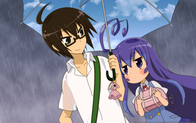 Anime couple umbrellas rain clouds free wallpaper for desktop - medium preview image