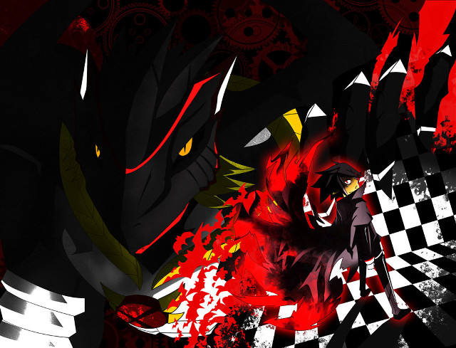 Black red anime checkered dragon free wallpaper for desktop - medium preview image