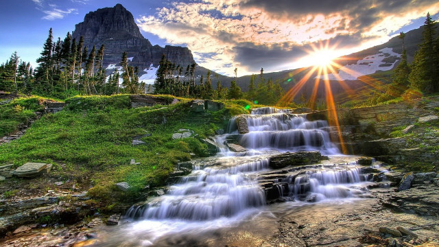 Waterfall mountain sunshine water running #2 free wallpaper for desktop - medium preview image