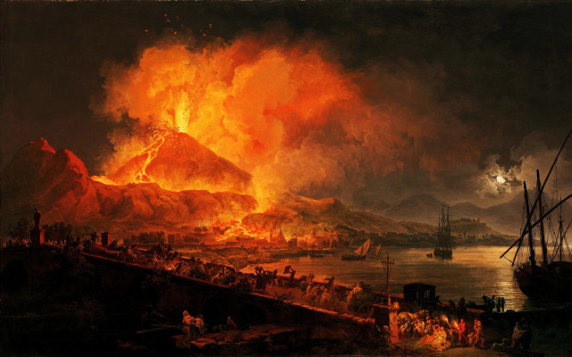 Fire harbor boats mountain painting free wallpaper for desktop - medium preview image