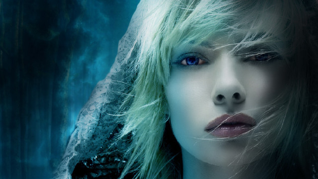 Woman blueeyes blackjacket furcoat bluebackground free wallpaper for desktop - medium preview image