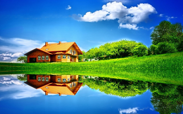 House reflection lake mountains sky free wallpaper for desktop - medium preview image