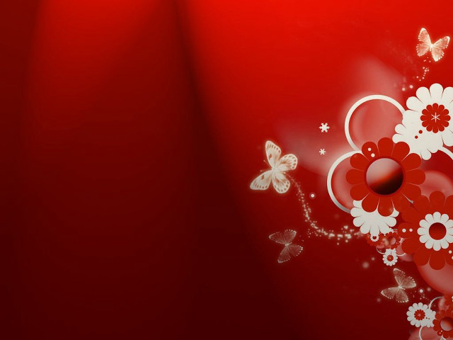 Red background white flowers butterflies free wallpaper for desktop - medium preview image