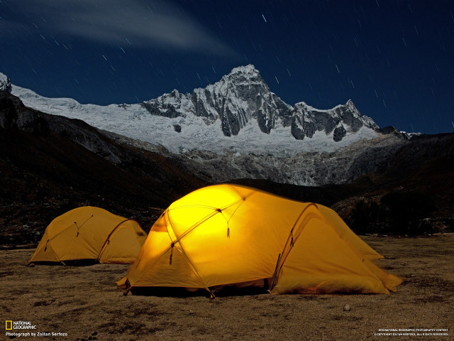 Tents field snow mountain night free wallpaper for desktop - medium preview image