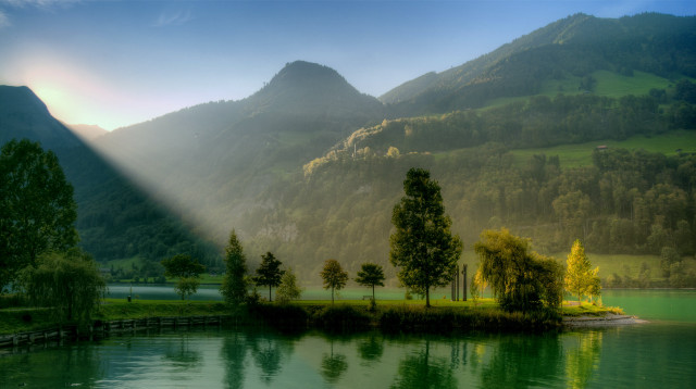Lake mountains trees sunbeam clouds #3 free wallpaper for desktop - medium preview image