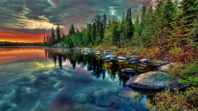Sunset lake rocks trees cloudy free wallpaper for desktop - medium preview image