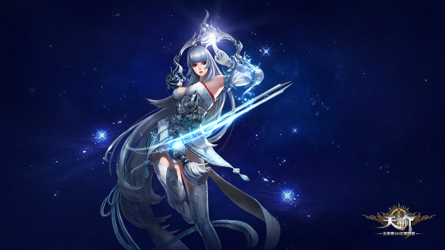 Woman holding sword stars blue free wallpaper for desktop - medium preview image