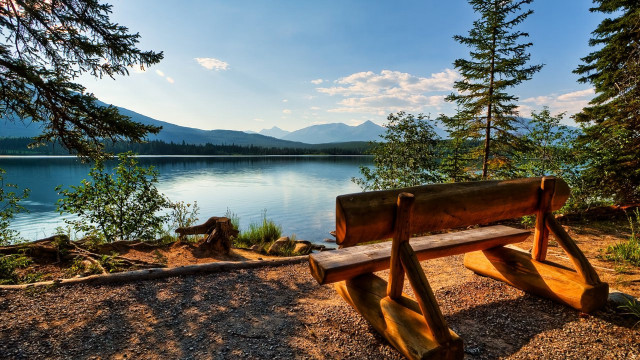 Bench lake mountains blue sky #2 free wallpaper for desktop - medium preview image
