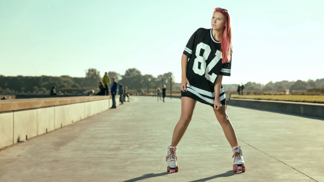 Woman pinkhair rollerskates bridge dog free wallpaper for desktop - medium preview image