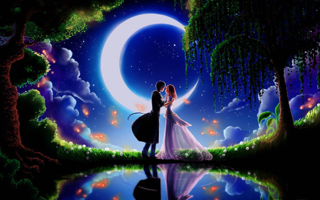 Couple moon trees reflection water #3 free wallpaper for desktop - medium preview image