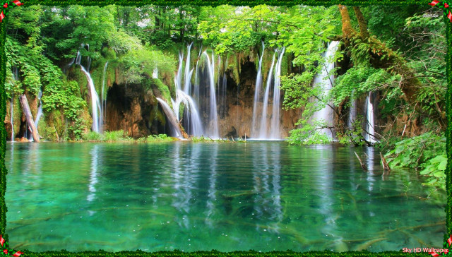 Beautiful waterfall green frame lake free wallpaper for desktop - medium preview image