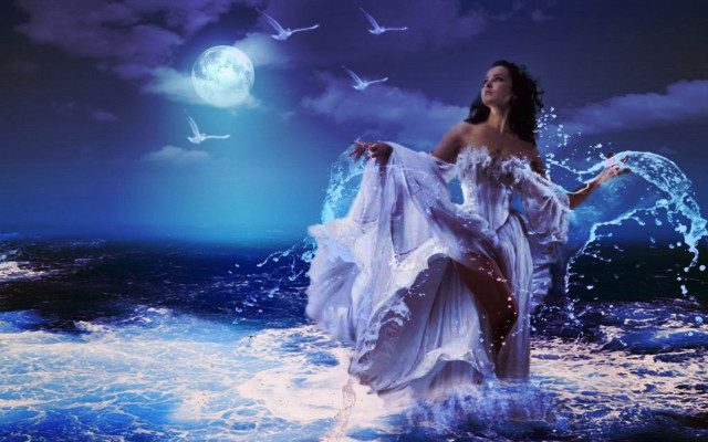 Woman ocean fullmoon birds dreamlike #2 free wallpaper for desktop - medium preview image