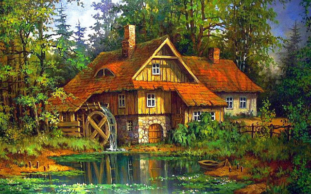 House woods pond boat painting free wallpaper for desktop - medium preview image