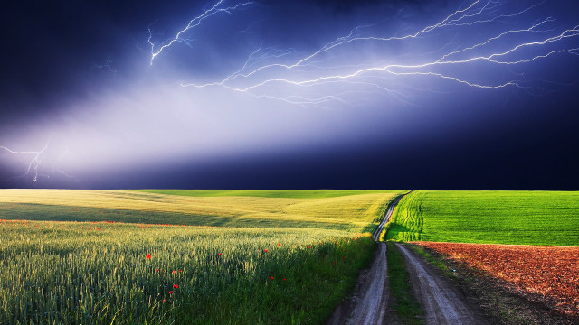 Road field cloudy sky lightning free wallpaper for desktop - medium preview image