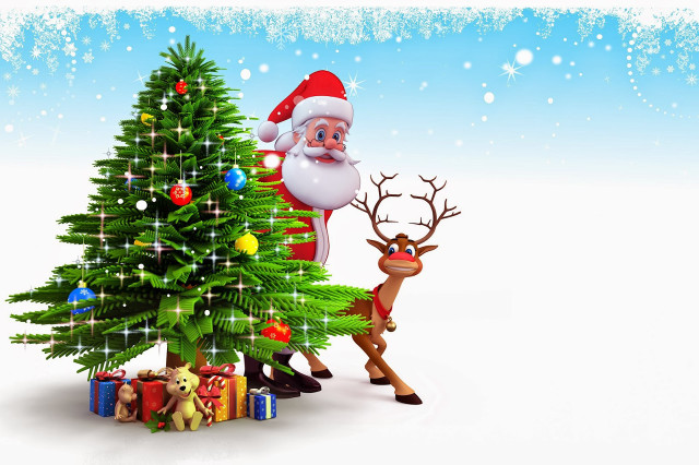Santa reindeer christmas tree presents free wallpaper for desktop - medium preview image