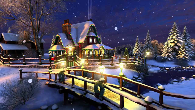 Snowy night bridge house lights free wallpaper for desktop - medium preview image