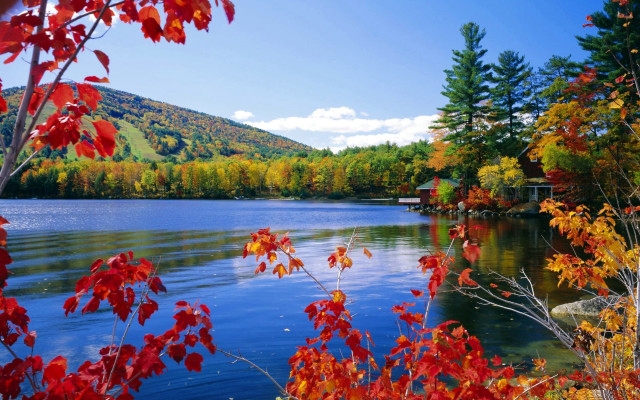 Lake trees red leaves mountain #2 free wallpaper for desktop - medium preview image