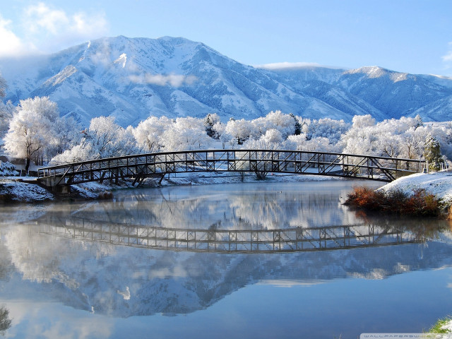Bridge lake mountain snow trees free wallpaper for desktop - medium preview image
