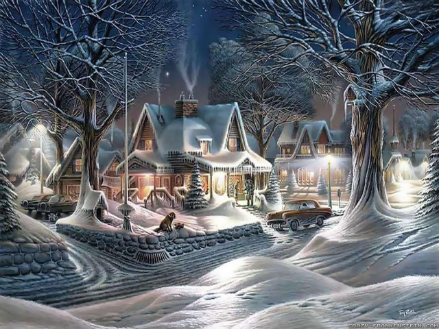 Snowy village car driveway christmas free wallpaper for desktop - medium preview image
