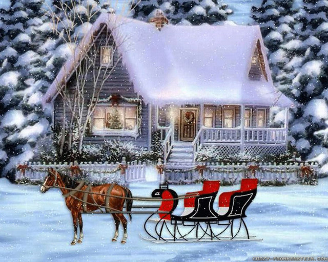 Horse drawn sleigh house snow free wallpaper for desktop - medium preview image
