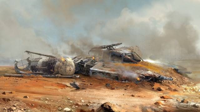 Wrecked vehicle desert smoke helicopter free wallpaper for desktop - medium preview image