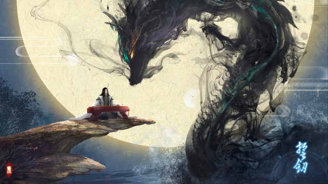 Woman boat dragon full moon free wallpaper for desktop - medium preview image