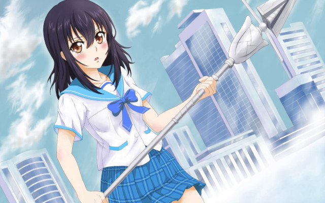 Girl school uniform broom cityscape free wallpaper for desktop - medium preview image