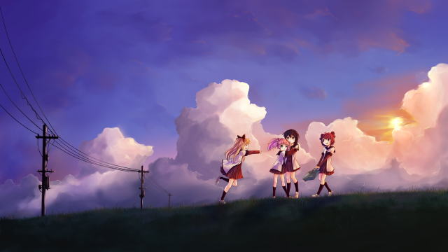 Anime girls hill clouds sun free wallpaper for desktop - medium preview image