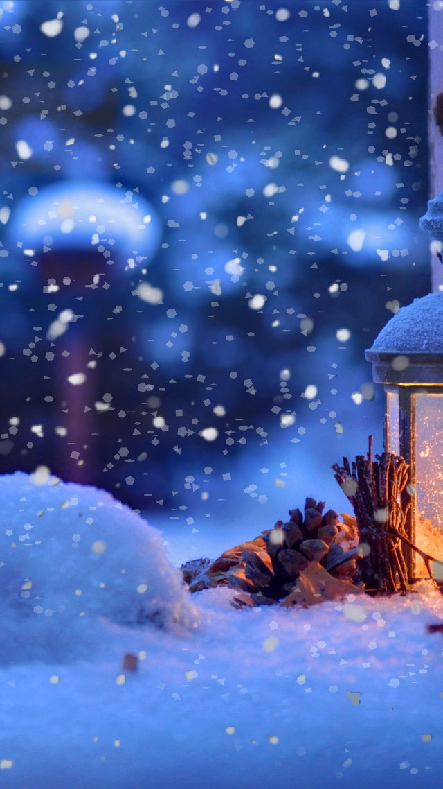 Lantern lit snow pinecones ground free wallpaper for mobile - medium preview image