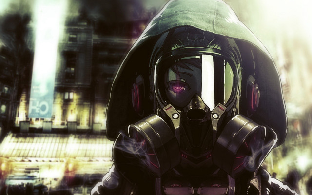 Man gas mask city street free wallpaper for desktop - medium preview image