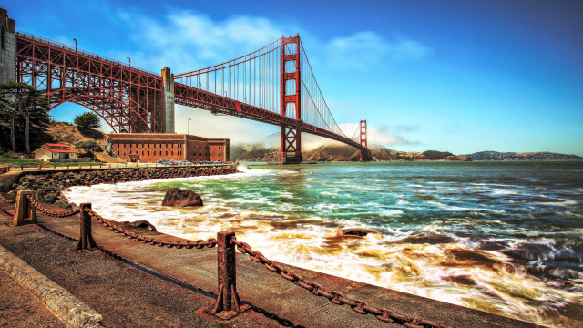Bridge ocean waves shore building free wallpaper for desktop - medium preview image