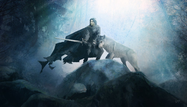 Man riding wolf forest rock free wallpaper for desktop - medium preview image