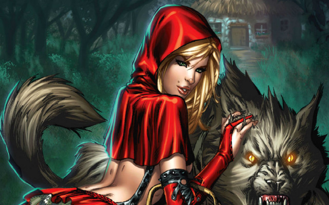 Woman red dress wolf forest free wallpaper for desktop - medium preview image