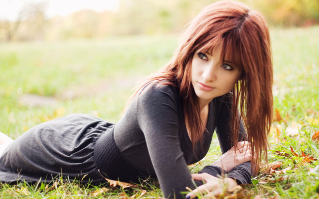 Woman laying grass field hands free wallpaper for desktop - medium preview image