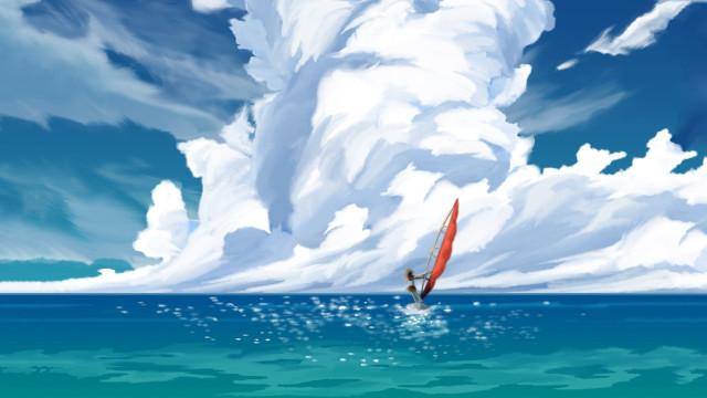 Person riding surfboard water cloudy free wallpaper for desktop - medium preview image