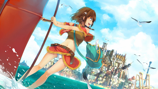 Woman bikini boat ocean castle free wallpaper for desktop - medium preview image