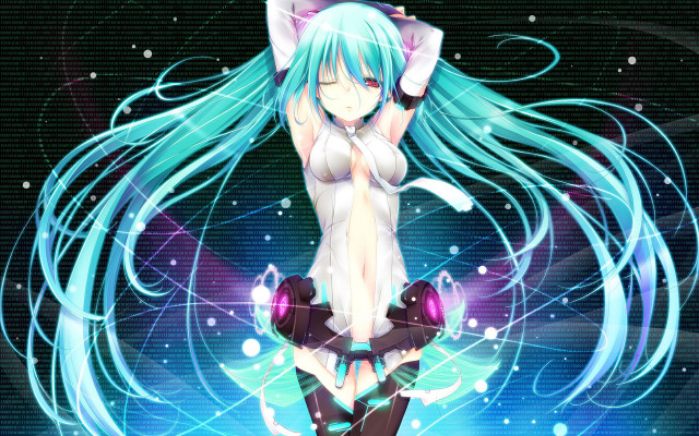 Blue haired catgirl starry background free wallpaper for desktop - medium preview image
