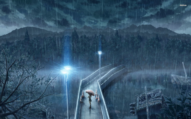 Couple walking bridge rain umbrella free wallpaper for desktop - medium preview image
