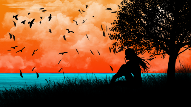 Woman hill tree water birds free wallpaper for desktop - medium preview image