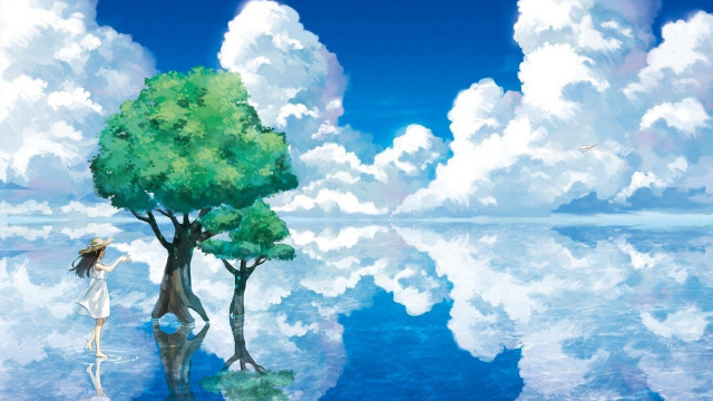 Girl standing water tree clouds free wallpaper for desktop - medium preview image