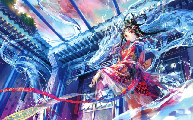 Woman dress ribbon dragon architecture free wallpaper for desktop - medium preview image