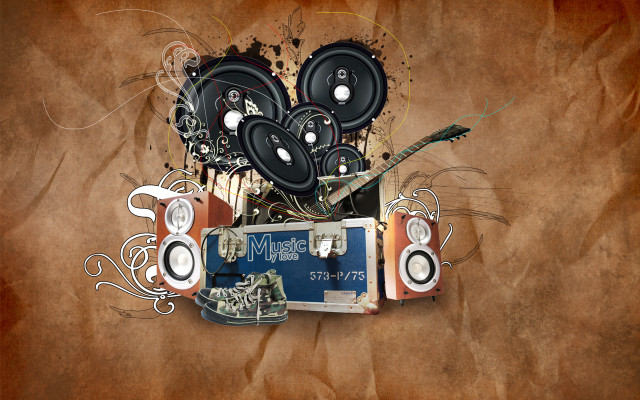 Digital collage speakers laptop music free wallpaper for desktop - medium preview image