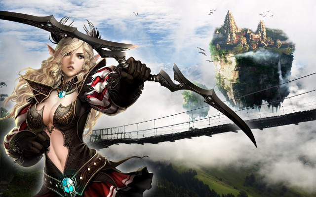 Woman holding giant sword castle free wallpaper for desktop - medium preview image